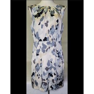 Ann Taylor Women's White, Blue Watercolor Print Silk Sheath Dress, Size 4